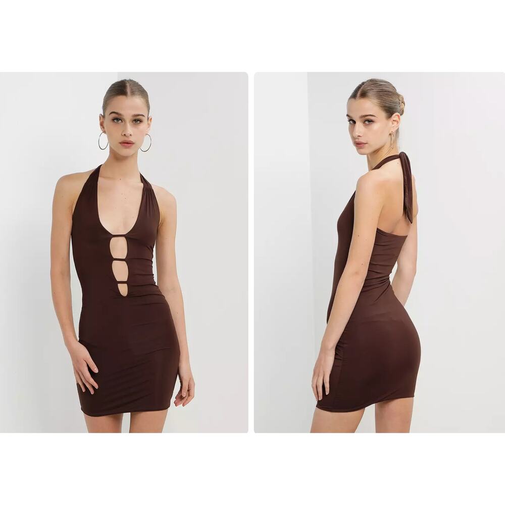 Peppermayo Mirrorball Halter Bodycon Mini Dress Chocolate Brown Sz 6‎